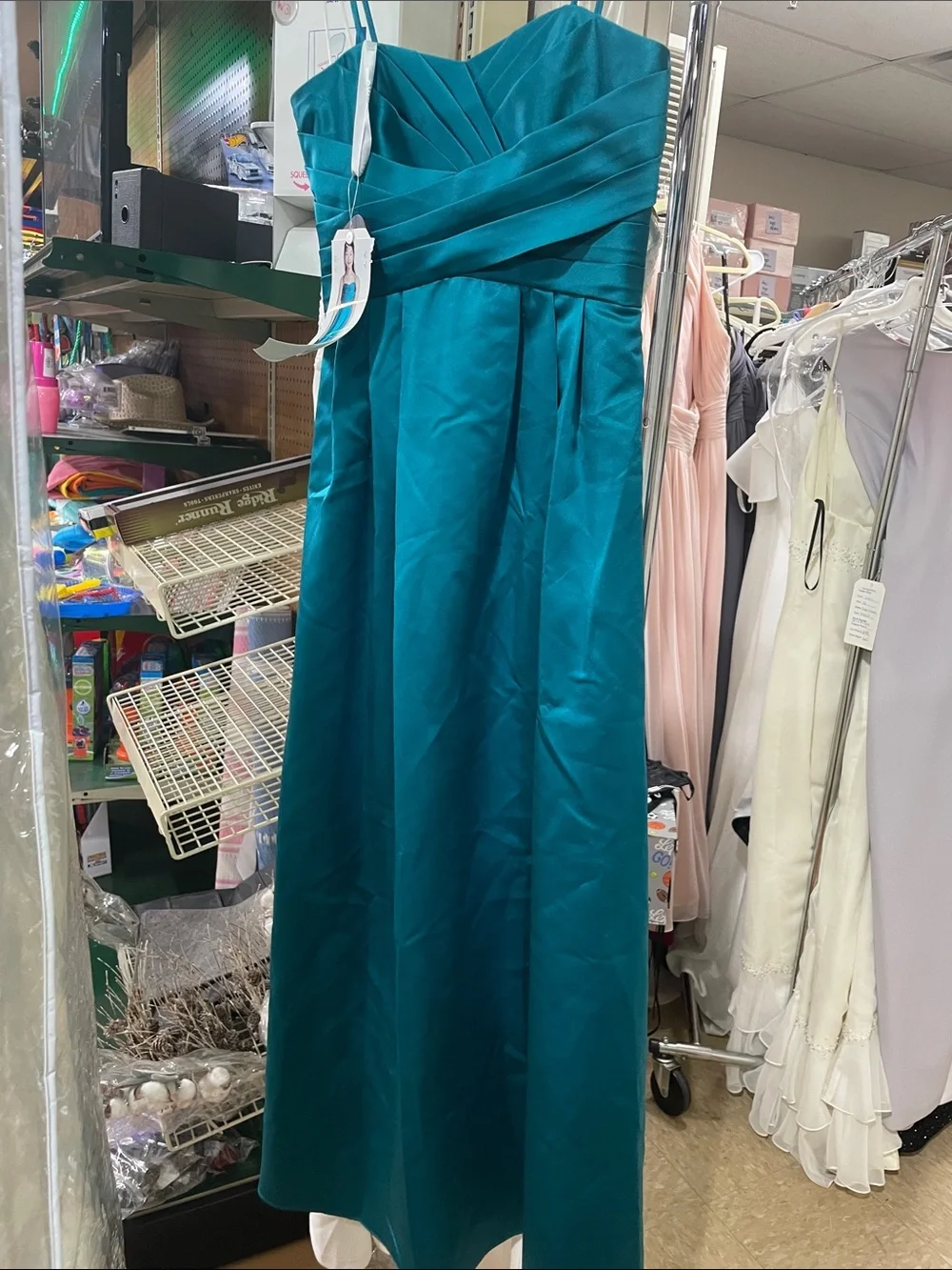 Girls Teal Satin Spaghetti-Strap Gown - Picture 3 of 3